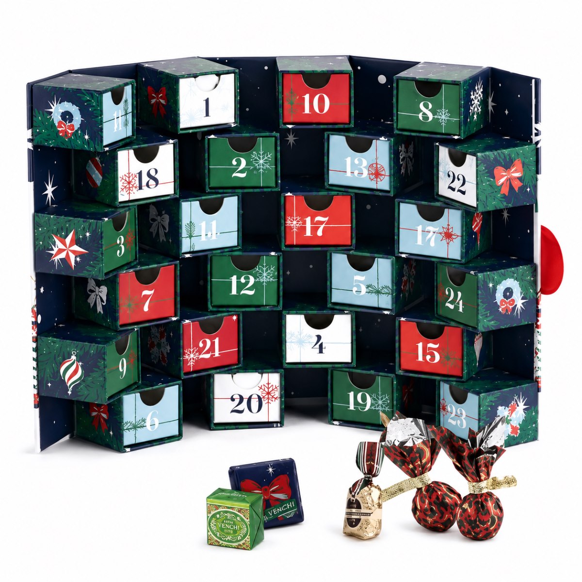 Calendario de Adviento Venchi 2026 con 32 Bombones · 293 g · Interior Calendario de Adviento Venchi 2026 con 32 bombones abierto con cajones numerados y chocolates italianos