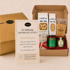 Cesta Corporativa Cena Italiana Gourmet 6 productos en caja regalo con pasta Carmiano, grissini, tomate San Marzano, passata datterino y pesto genovese