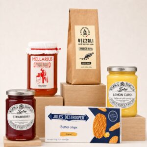 Cesta Corporativa Desayuno Gourmet sin Refrigeración 5 productos con café Vezzali, miel de tomillo, mermelada, lemon curd y galletas