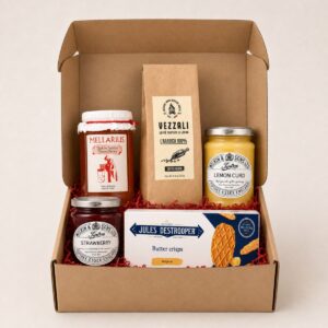 Cesta Corporativa Desayuno Gourmet sin Refrigeración 5 productos en caja regalo con café Vezzali, miel de tomillo, mermelada, lemon curd y galletas