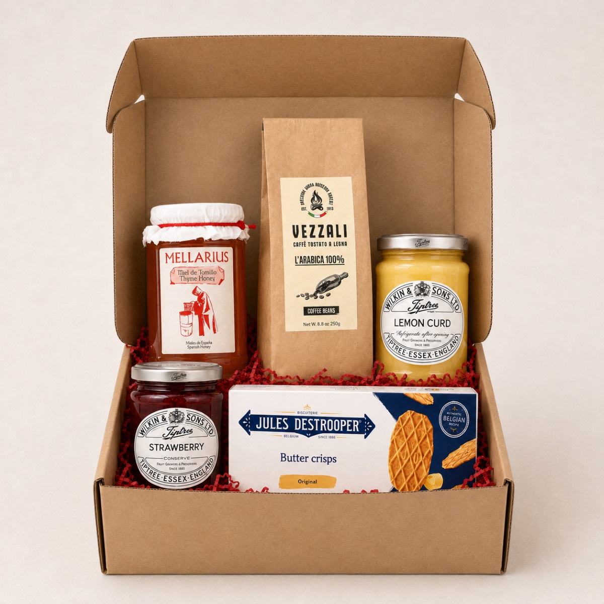 Cesta Corporativa Desayuno Gourmet sin Refrigeración · 5 Productos · Caja Regalo Cesta Corporativa Desayuno Gourmet sin Refrigeración 5 productos en caja regalo con café Vezzali, miel de tomillo, mermelada, lemon curd y galletas