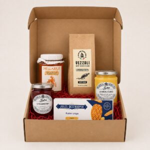 Cesta Corporativa Desayuno Gourmet sin Refrigeración 5 productos en caja regalo con café Vezzali, miel, mermelada, lemon curd y galletas