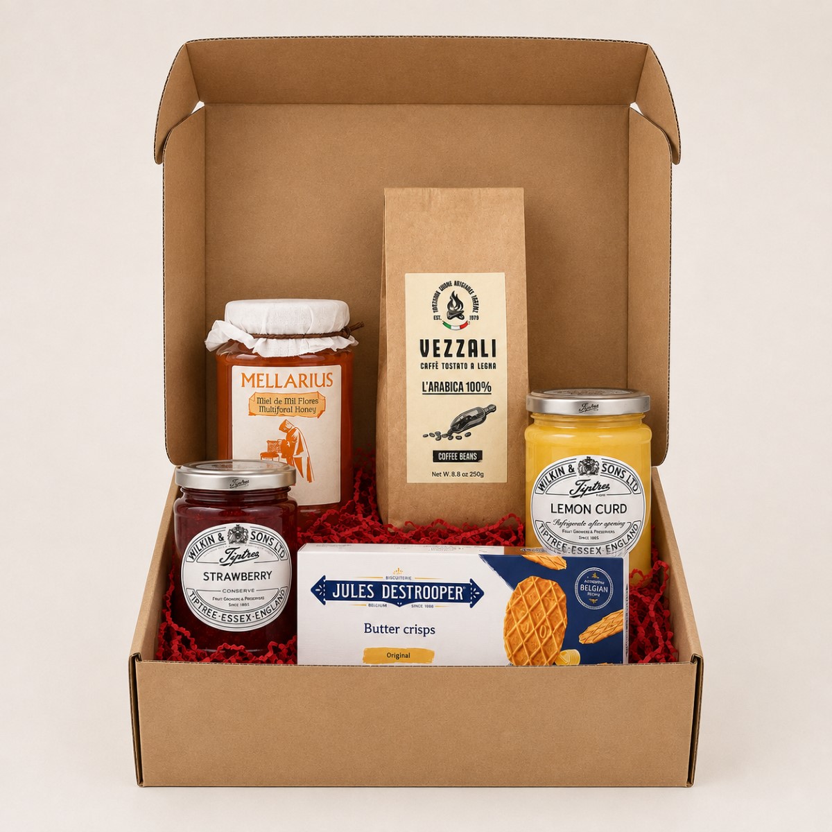 Cesta Corporativa Desayuno Gourmet sin Refrigeración · 5 Productos · Caja Regalo Cesta Corporativa Desayuno Gourmet sin Refrigeración 5 productos en caja regalo con café Vezzali, miel, mermelada, lemon curd y galletas