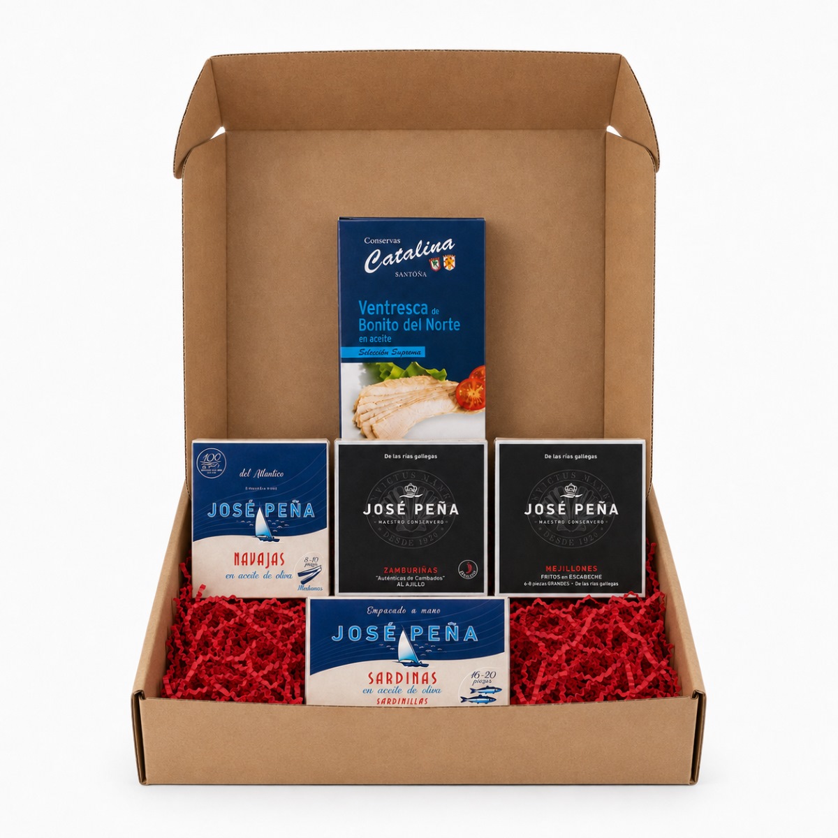 Cesta Corporativa de Conservas Gourmet de las Rías · 5 Productos · Caja Regalo Cesta Corporativa de Conservas Gourmet de las Rías 5 productos en caja regalo con ventresca, navajas, zamburiñas, mejillones y sardinas