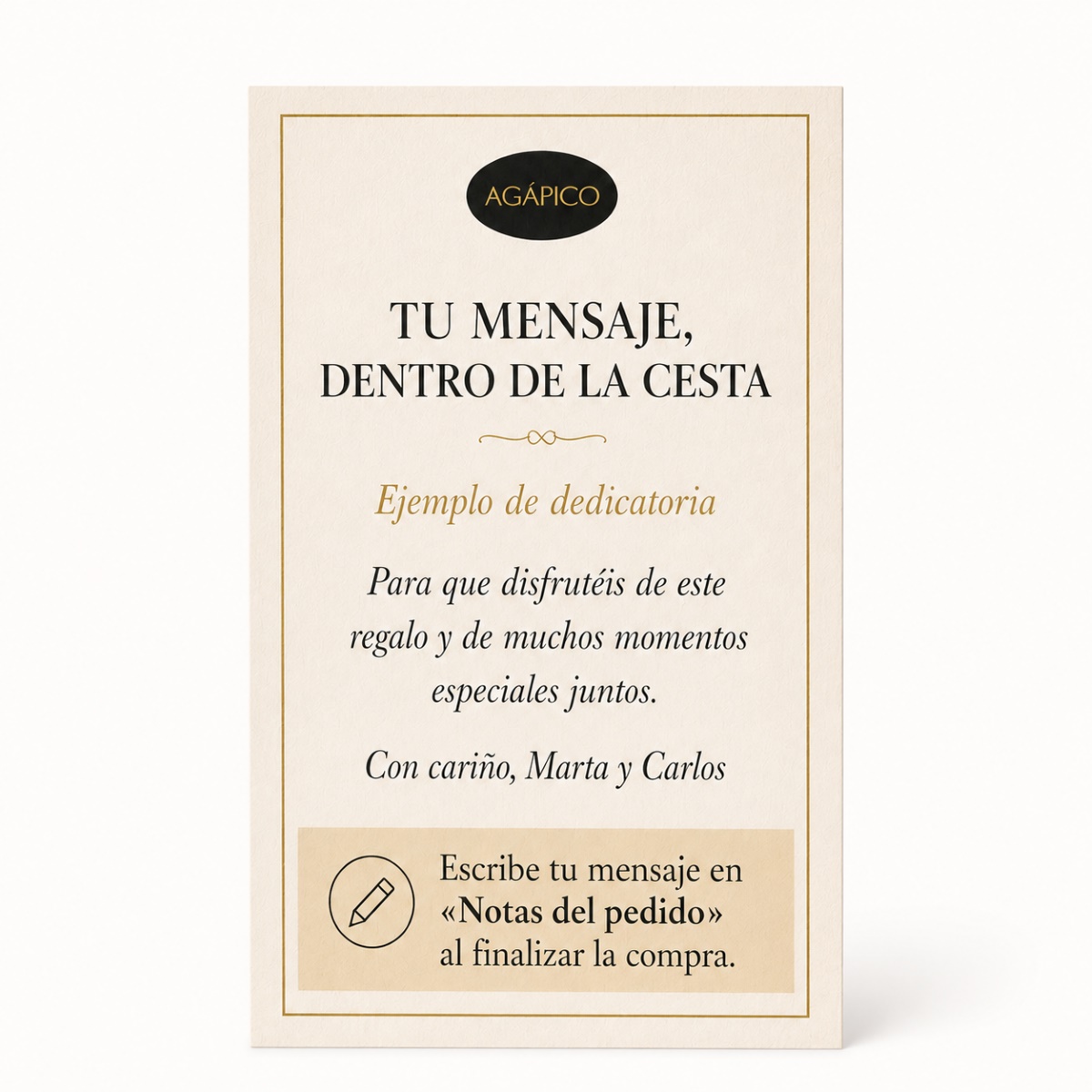 Dedicatoria Personalizada para Cesta de Regalo AGÁPICO Tarjeta dedicatoria personalizada AGÁPICO para cestas de regalo gourmet