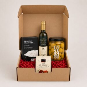 Detalle Corporativo Mediterráneo 4 productos en caja regalo con AOVE El Silencio, Sal de Añana, aceitunas Losada y crema de piquillo