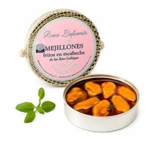Mejillones Fritos en Escabeche Rosa Lafuente 6 piezas gigantes 111 g con lata abierta