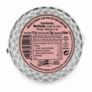 Etiqueta de Mejillones Fritos en Escabeche Rosa Lafuente 6 piezas gigantes 111 g con ingredientes e información nutricional