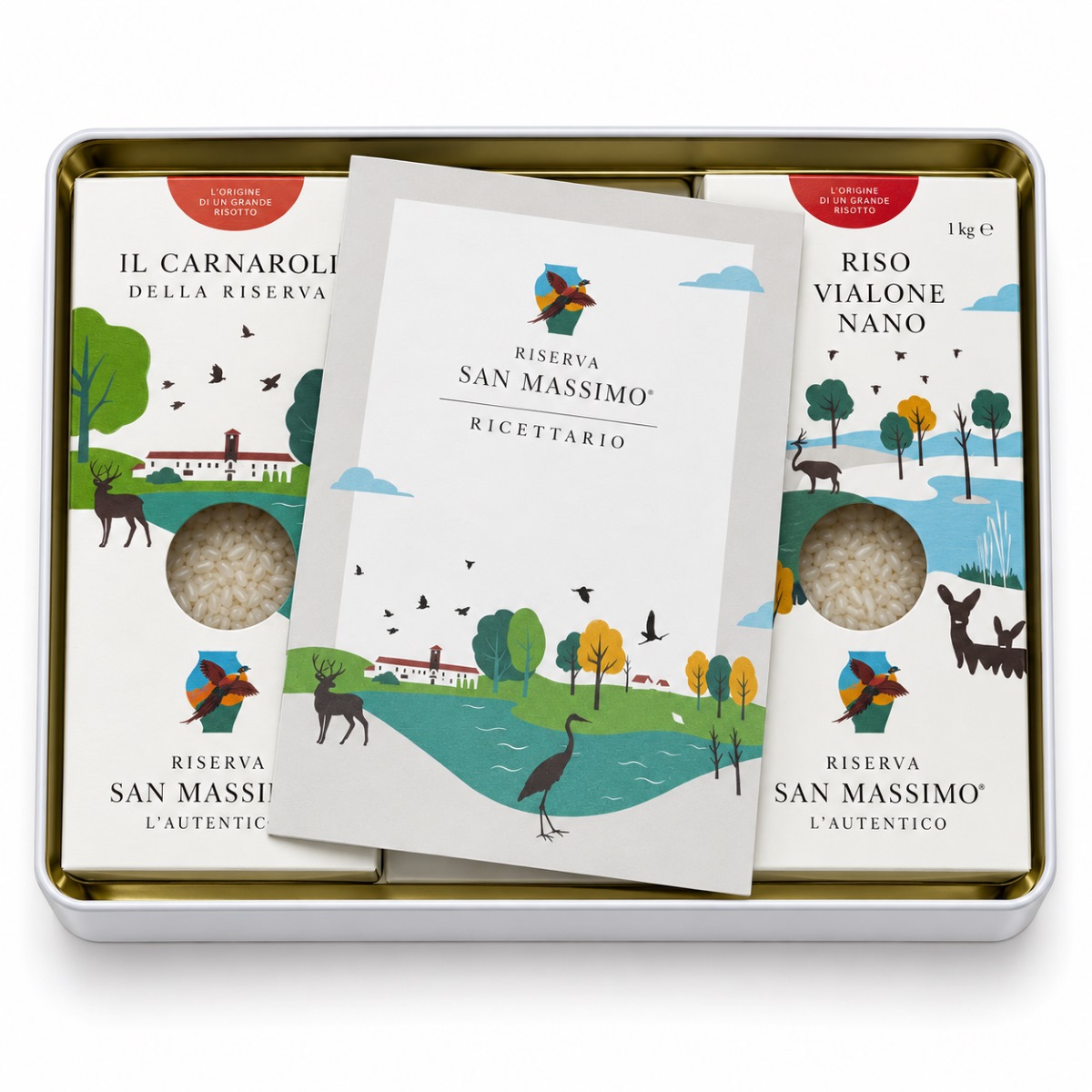 Lata Regalo de Arroces Riserva San Massimo · 3 kg · Con Recetario Lata Regalo de Arroces Carnaroli y Vialone Nano Riserva San Massimo 3 kg con recetario incluido