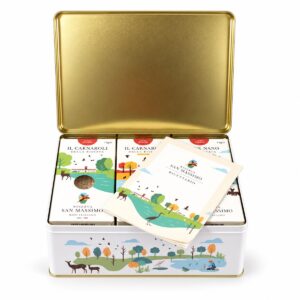 Lata Regalo de Arroces Riserva San Massimo 3 kg abierta con recetario incluido
