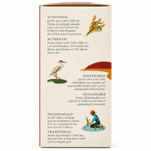 Lateral de caja Arroz Riserva San Massimo 1 kg con información sobre origen, sostenibilidad y cultivo tradicional