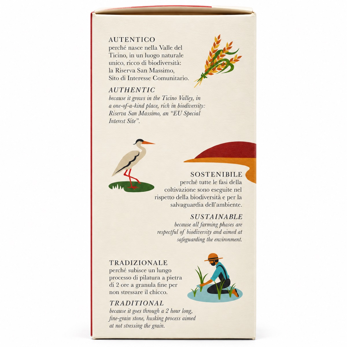 Arroz Riserva San Massimo · 1 kg · Lateral de Caja Lateral de caja Arroz Riserva San Massimo 1 kg con información sobre origen, sostenibilidad y cultivo tradicional