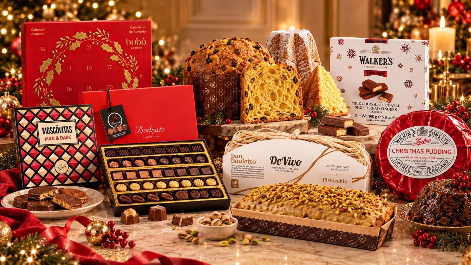 Selección de dulces de Navidad gourmet con panettone, pandoro, chocolates, shortbread y Christmas pudding
