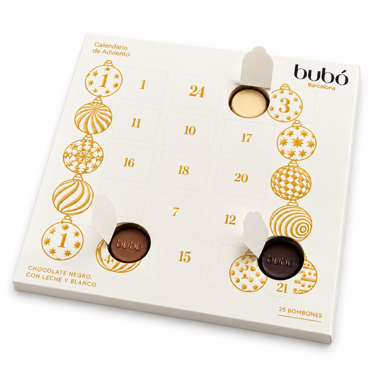 Calendario de Adviento Bubó Barcelona Blanco – Bombones y Compartimentos Abiertos Calendario de Adviento Bubó Barcelona blanco con compartimentos abiertos y bombones de chocolate negro, con leche y blanco