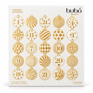 Calendario de Adviento de chocolate Bubó Barcelona blanco 63 g, con bolas navideñas doradas y números del Adviento