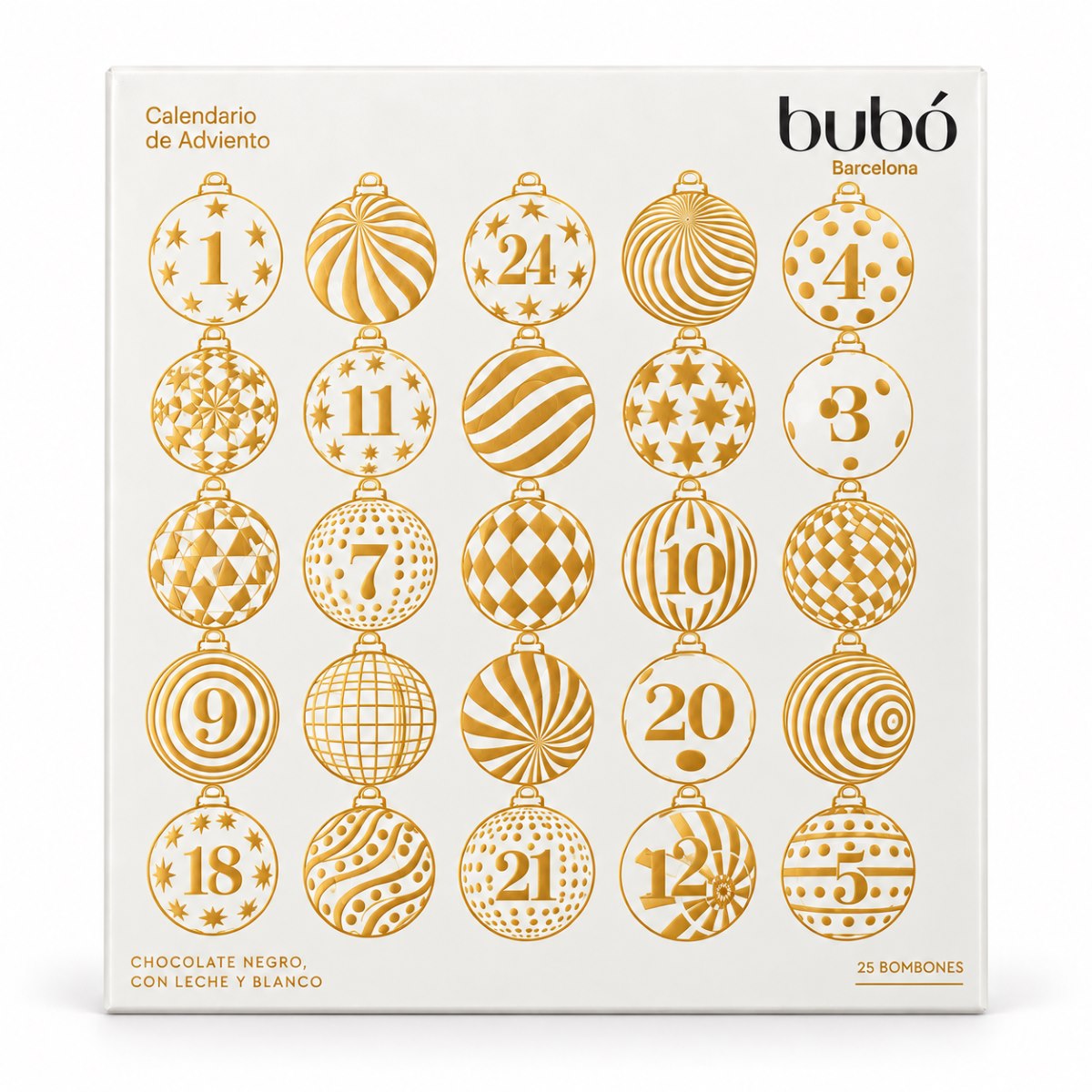 Calendario de Adviento Bubó Barcelona Blanco 63 g – Chocolate Gourmet Calendario de Adviento de chocolate Bubó Barcelona blanco 63 g, con bolas navideñas doradas y números del Adviento