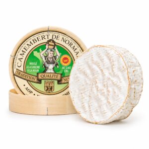 Queso Camembert de Normandie AOP Fermier Classic 250 g de leche cruda, con corteza blanca y caja tradicional de madera