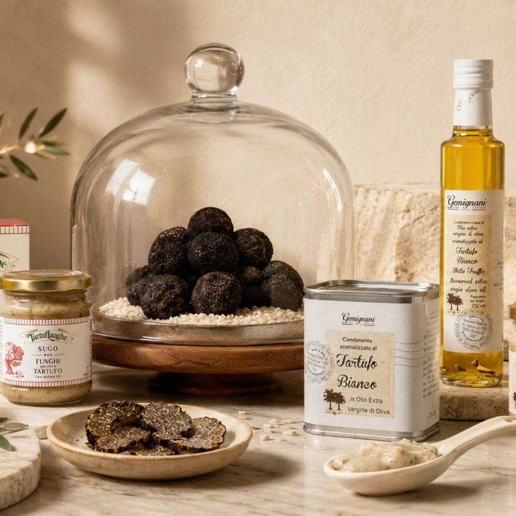 Selección de productos de trufa gourmet con trufa negra, aceite de trufa blanca y salsa de trufa