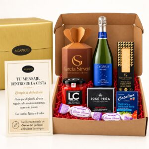 Cesta de Navidad Tradición Española AGÁPICO con 6 productos gourmet, caja dorada de regalo y tarjeta de dedicatoria personalizada