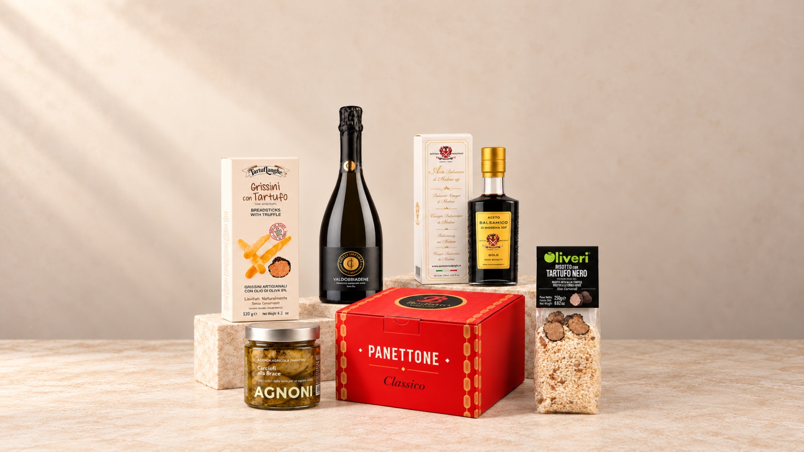 Cesta regalo gourmet italiana con pasta, aceite, trufa y especialidades artesanales
