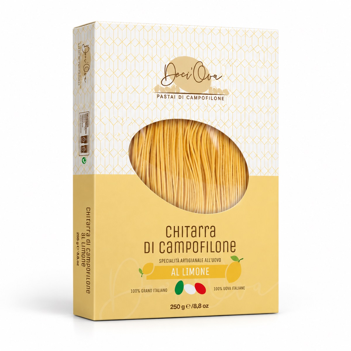 Chitarra di Campofilone al Limone DeciOva · 250 g · Vista Lateral Chitarra di Campofilone al Limone DeciOva 250 g en caja vista lateral
