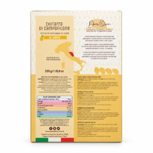 Etiqueta posterior de Chitarra di Campofilone al Limone DeciOva 250 g con ingredientes e información nutricional