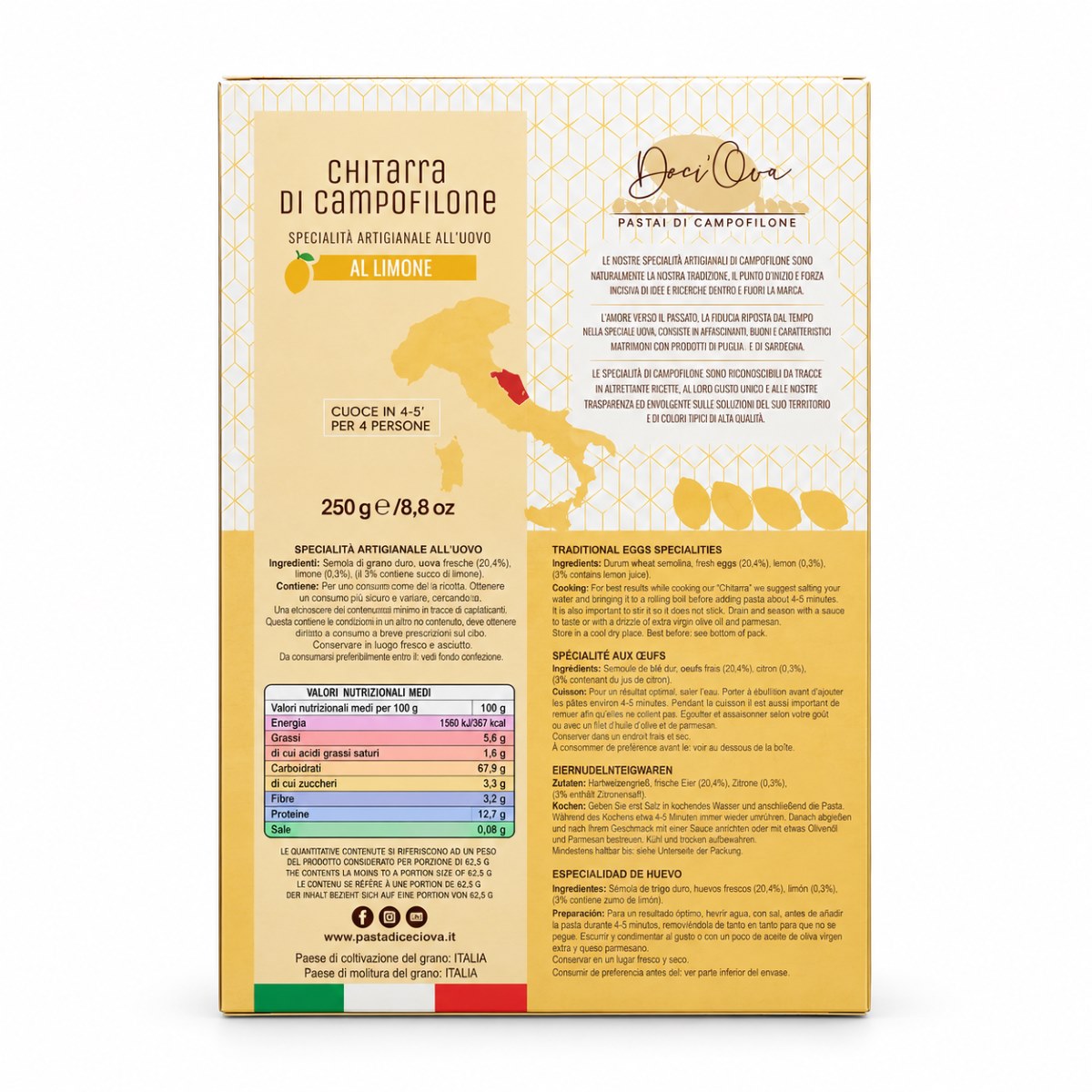 Chitarra di Campofilone al Limone DeciOva · 250 g · Etiqueta Etiqueta posterior de Chitarra di Campofilone al Limone DeciOva 250 g con ingredientes e información nutricional