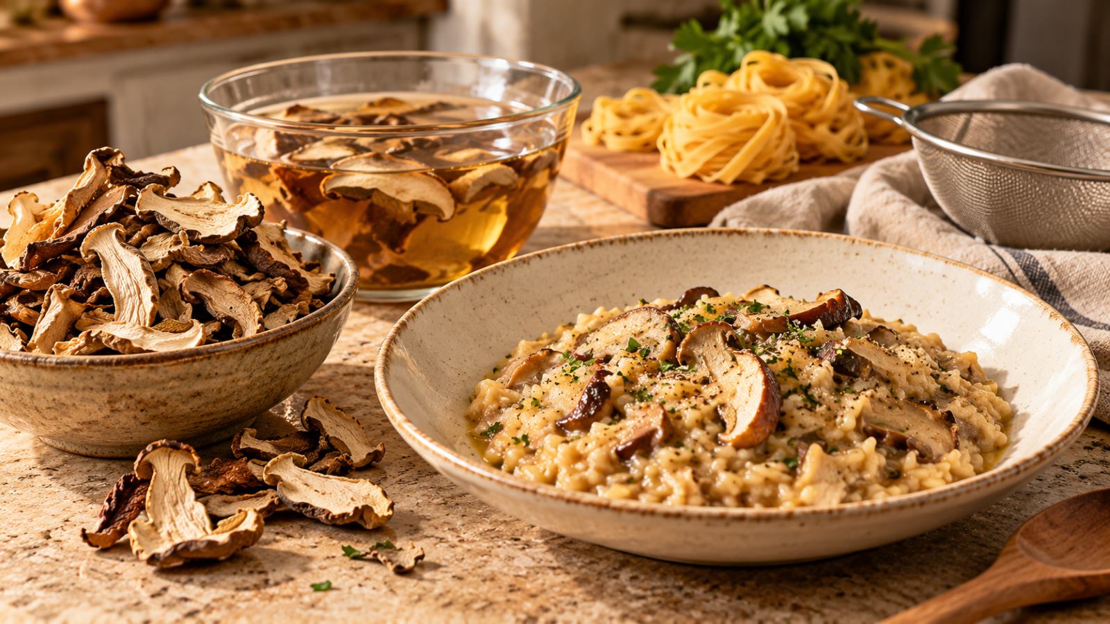 Boletus secos en un cuenco, setas en remojo y un risotto de boletus con nidos de pasta al fondo.