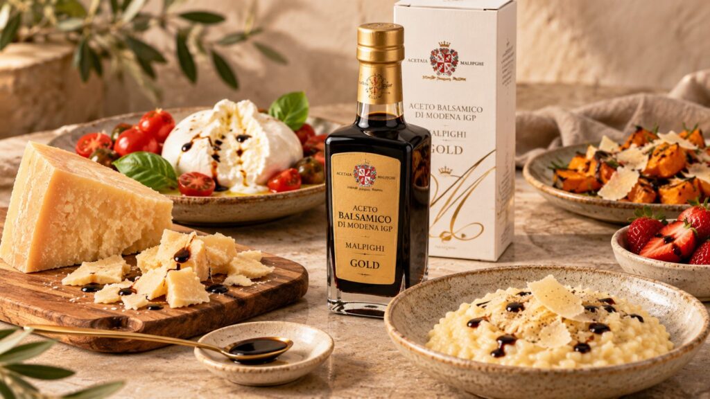 Vinagre balsámico de Módena IGP Gold Malpighi junto a queso curado, burrata, verduras asadas, risotto y fresas.