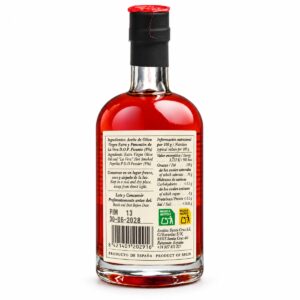 Etiqueta trasera del aceite con Pimentón de la Vera DOP picante Finca La Barca 200 ml con ingredientes y valores nutricionales