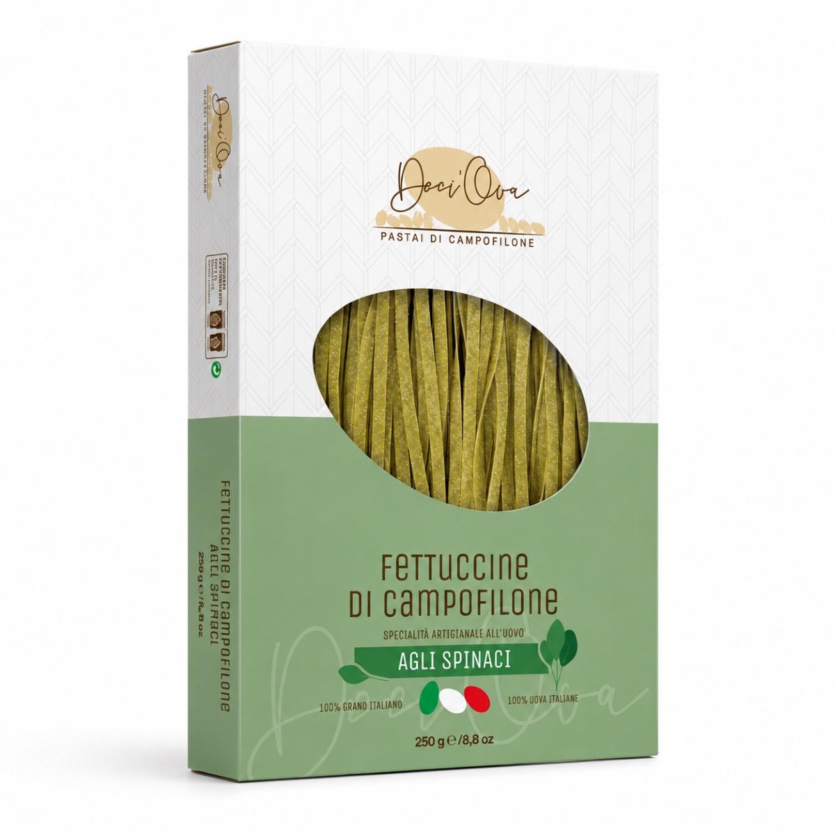 Fettuccine di Campofilone con Espinacas Deci’Ova · 250 g · Vista Lateral Fettuccine di Campofilone con Espinacas Deci’Ova 250 g en caja vista lateral