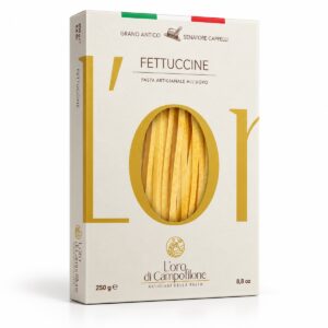 Fettuccine di Campofilone de trigo Senatore Cappelli L’Oro di Campofilone 250 g en caja vista lateral