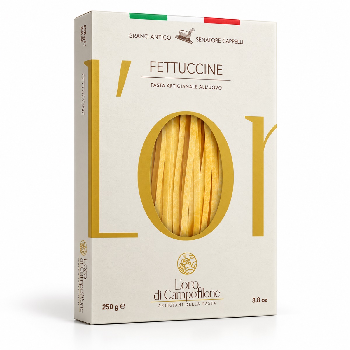Fettuccine di Campofilone Senatore Cappelli L’Oro di Campofilone · 250 g · Vista Lateral Fettuccine di Campofilone de trigo Senatore Cappelli L’Oro di Campofilone 250 g en caja vista lateral