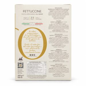 Etiqueta posterior de Fettuccine di Campofilone Senatore Cappelli L’Oro di Campofilone 250 g con ingredientes e información nutricional