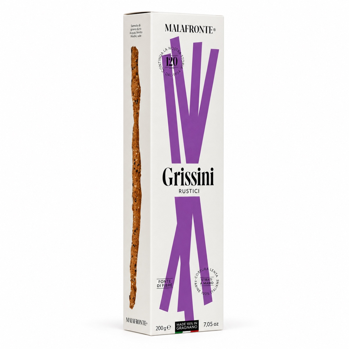 Grissini Estirados a Mano Rústicos Malafronte · 200 g · Vista Lateral Grissini estirados a mano Rústicos Malafronte 200 g en caja vista lateral