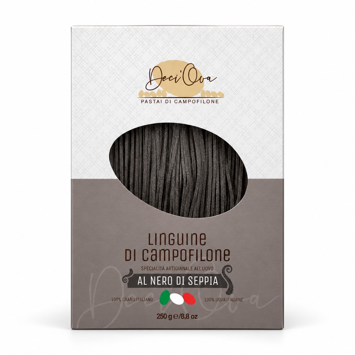 Linguine di Campofilone al Nero di Seppia Deci’Ova · 250 g Linguine di Campofilone al Nero di Seppia Deci’Ova 250 g, pasta artesanal al huevo con tinta de sepia