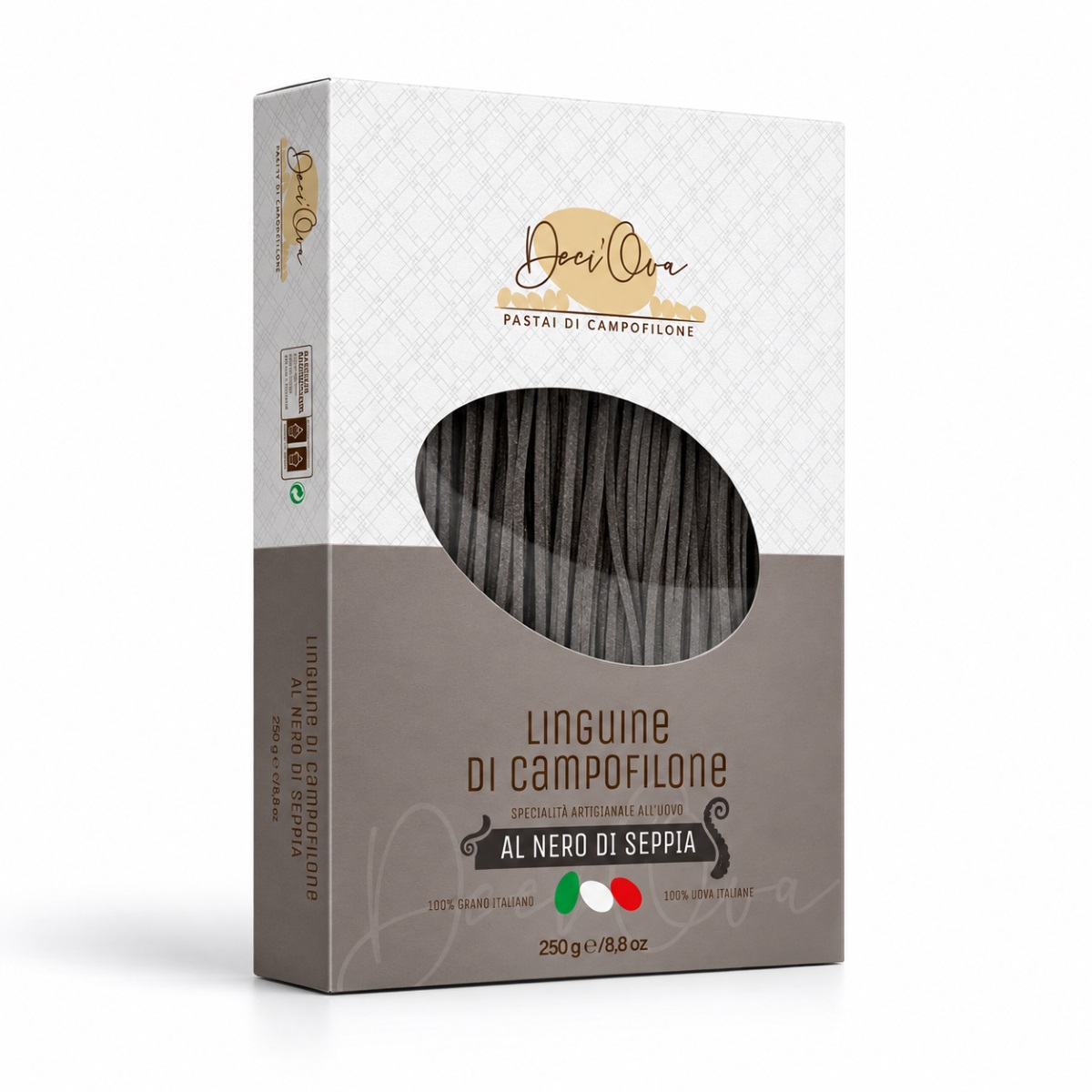 Linguine di Campofilone al Nero di Seppia Deci’Ova · 250 g · Vista Lateral Linguine di Campofilone al Nero di Seppia Deci’Ova 250 g en caja vista lateral