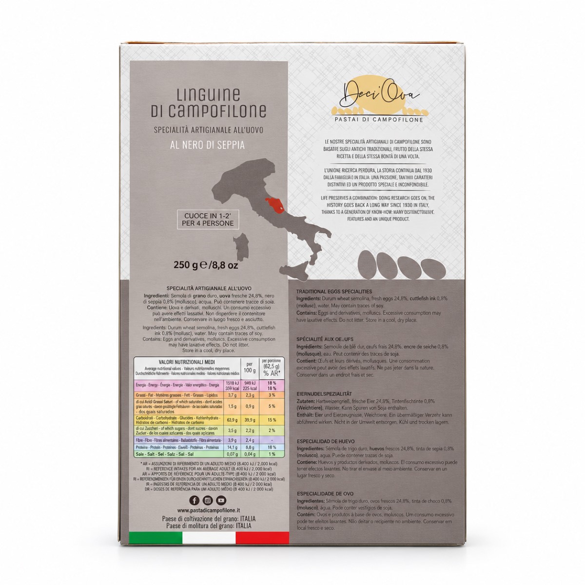 Linguine di Campofilone al Nero di Seppia Deci’Ova · 250 g · Etiqueta Etiqueta posterior de Linguine di Campofilone al Nero di Seppia Deci’Ova 250 g con ingredientes e información nutricional