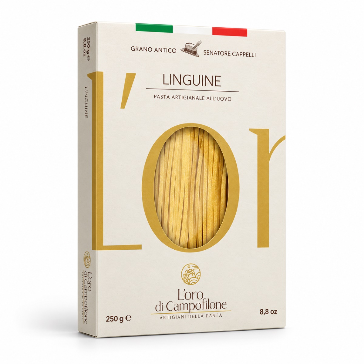 Linguine di Campofilone Senatore Cappelli L’Oro di Campofilone · 250 g · Vista Lateral Linguine di Campofilone de trigo Senatore Cappelli L’Oro di Campofilone 250 g en caja vista lateral