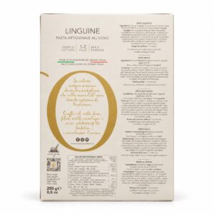 Etiqueta posterior de Linguine di Campofilone Senatore Cappelli L’Oro di Campofilone 250 g con ingredientes e información nutricional