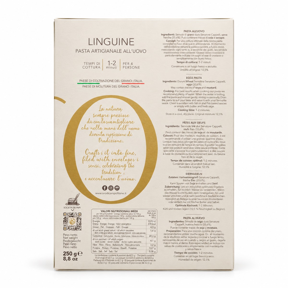 Linguine di Campofilone Senatore Cappelli L’Oro di Campofilone · 250 g · Etiqueta Etiqueta posterior de Linguine di Campofilone Senatore Cappelli L’Oro di Campofilone 250 g con ingredientes e información nutricional