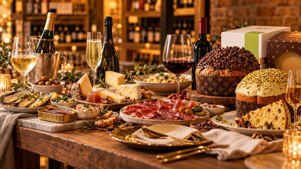 Mesa con vinos blancos, espumosos y tintos, conservas, quesos, embutidos y panettones de chocolate y pistacho.