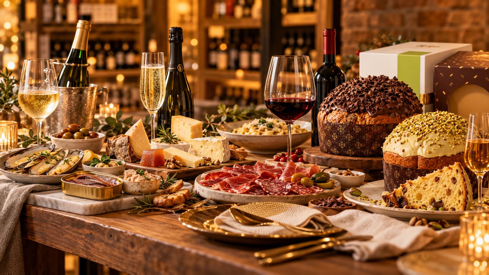 Mesa con vinos blancos, espumosos y tintos, conservas, quesos, embutidos y panettones de chocolate y pistacho.