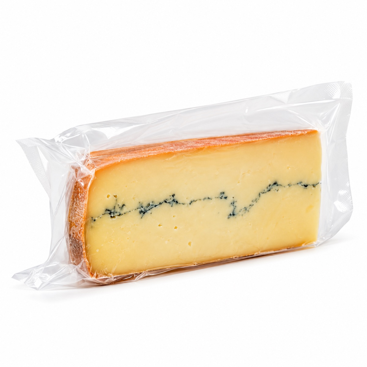 Queso Morbier DOP Mons 200 g en cuña envasada, con corteza anaranjada y característica línea central de carbón vegetal