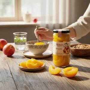 Nectarina en Almíbar Mikel’s Fruit 720 g servida como desayuno con fruta y cereales