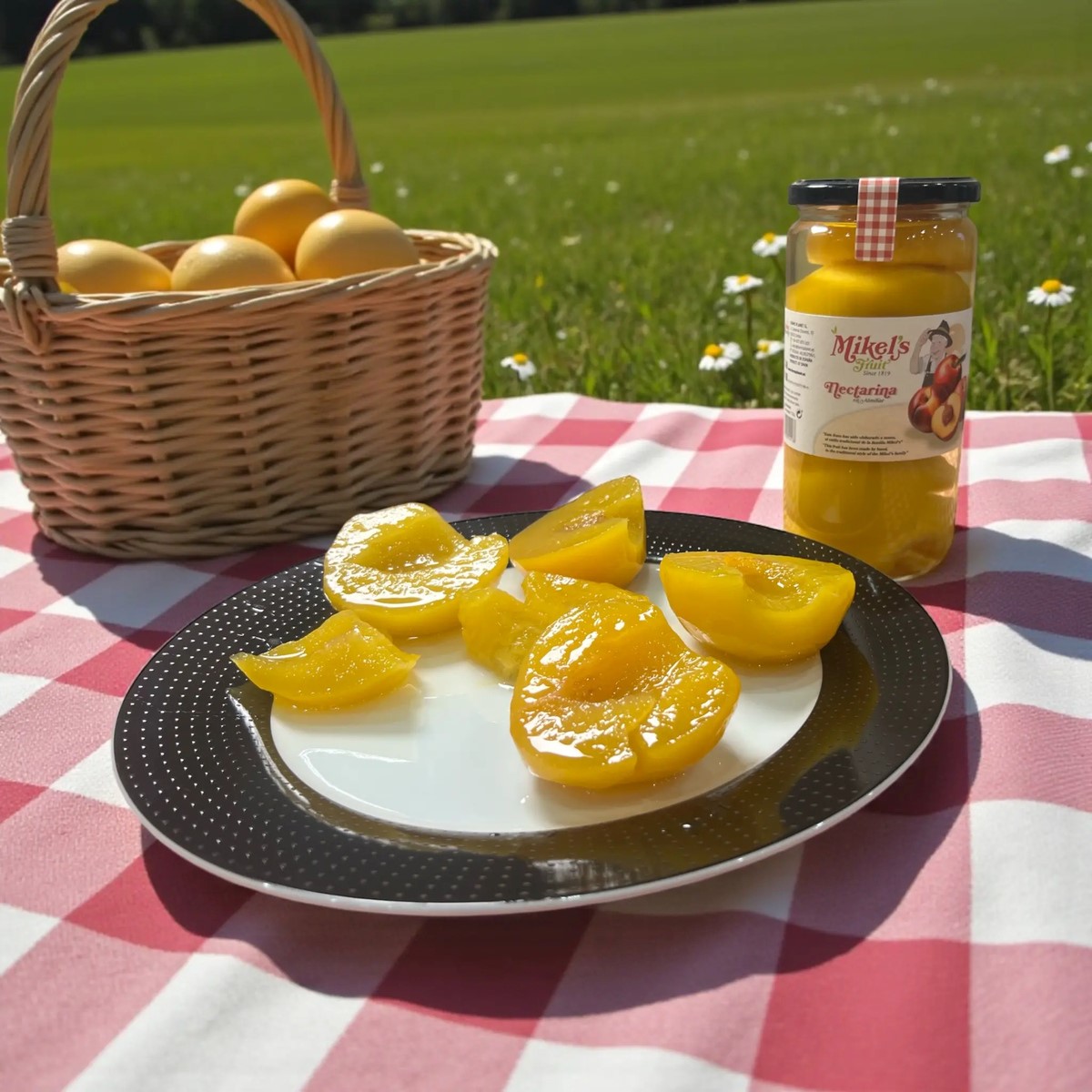 Nectarina en Almíbar Mikel’s Fruit · 720 g · Sugerencia de Presentación Exterior Nectarina en Almíbar Mikel’s Fruit 720 g servida al aire libre en picnic
