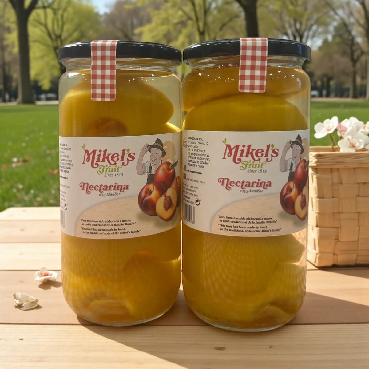 Nectarina en Almíbar Mikel’s Fruit · 720 g · Imagen de Ambiente Nectarina en Almíbar Mikel’s Fruit 720 g en tarros de cristal al aire libre