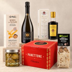 Pack de Navidad Italiana con panettone Bodrato, Prosecco Valdobbiadene, vinagre balsámico Malpighi, risotto de trufa y aperitivos gourmet