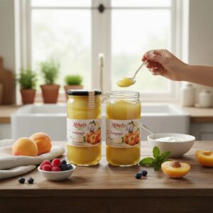 Paraguayo en Almíbar Mikel’s Fruit 720 g servido en cocina con fruta fresca y yogur