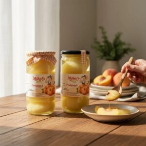 Paraguayo en Almíbar Mikel’s Fruit 720 g servido en plato con piezas de fruta